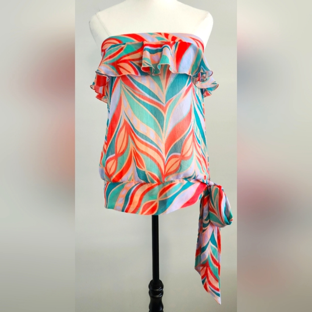COOPER ST Women Blouse Size 10 Pink Multicoloured Strapless Sheer Lightweight - Picture 1 of 9